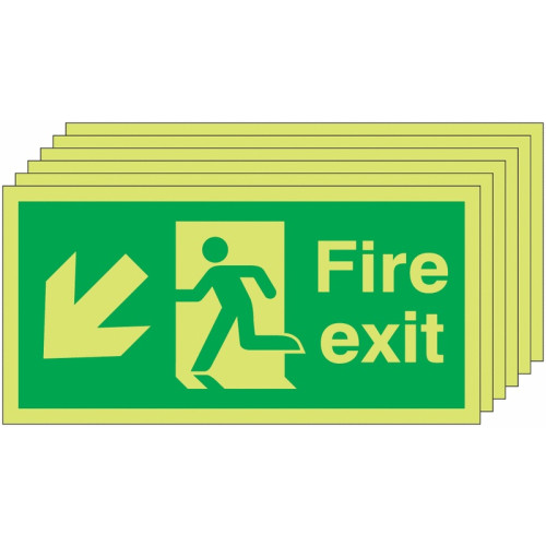 150X300 6 PACK 150X300 FIRE EXIT RUNNING MAN ARROW DOWN LEFT - NITE GLO RIGID
