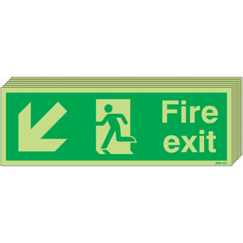 150X450 6 PACK 150X450 FIRE EXIT RUNNING MAN ARROW DOWN LEFT - NITE GLO RIGID