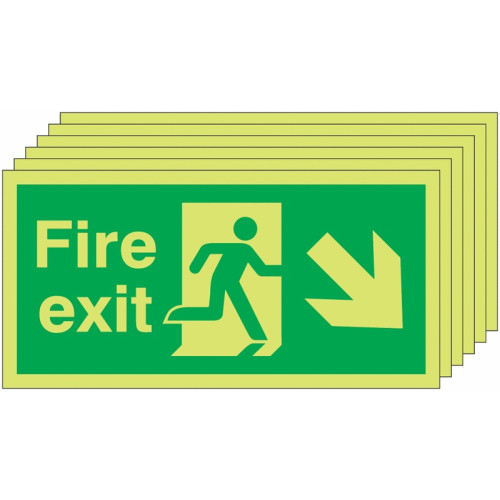 150X300 6 PACK 150X300 FIRE EXIT RUNNING MAN ARROW DOWN RIGHT - NITE GLO RIGID