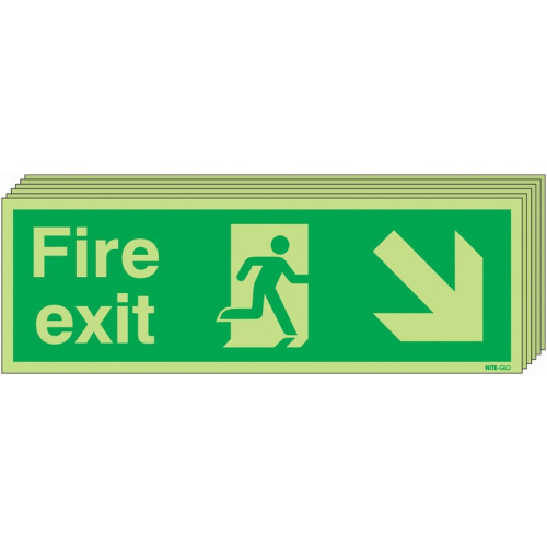 150X450 6 PACK 150X450 FIRE EXIT RUNNING MAN ARROW DOWN RIGHT - NITE GLO SELF ADHESIVE