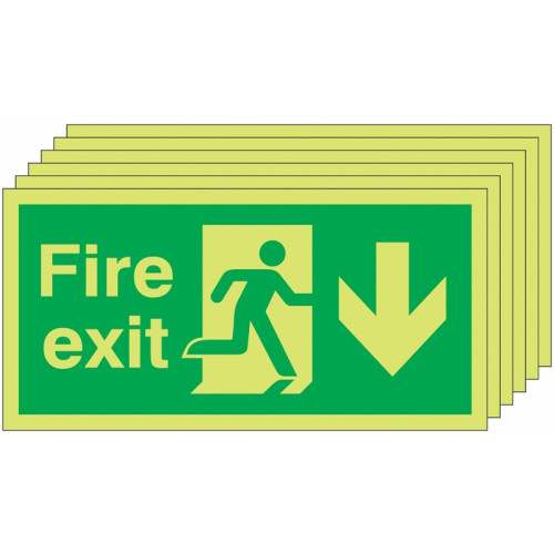 150X300 6 PACK 150X300 FIRE EXIT RUNNING MAN ARROW DOWN - NITE GLO RIGID