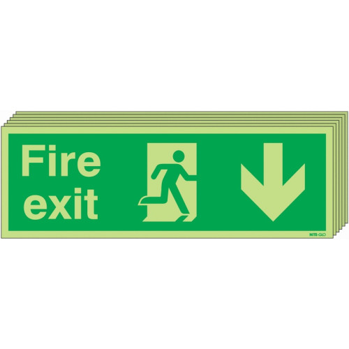 150X450 6 PACK 150X450 FIRE EXIT RUNNING MAN ARROW DOWN - NITE GLO RIGID