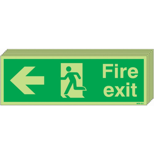 150X450 6 PACK 150X450 FIRE EXIT RUNNING MAN ARROW LEFT - NITE GLO SELF ADHESIVE