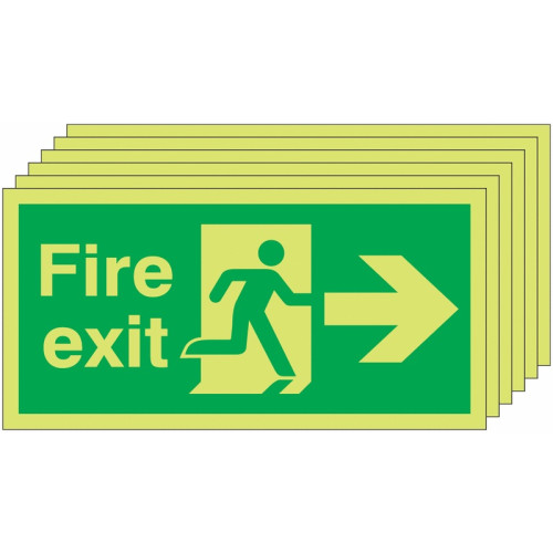 150X300 6 PACK 150X300 FIRE EXIT RUNNING MAN ARROW RIGHT - NITE GLO RIGID