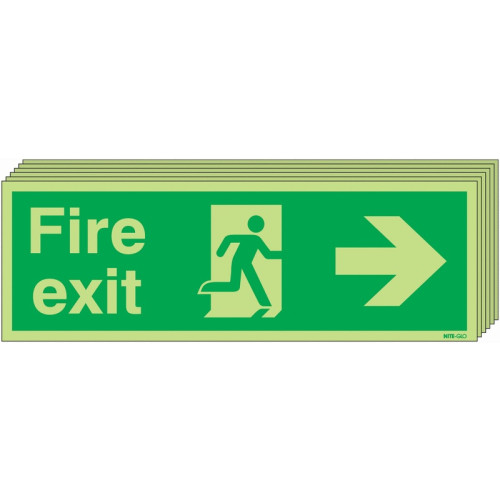 150X450 6 PACK 150X450 FIRE EXIT RUNNING MAN ARROW RIGHT - NITE GLO SELF ADHESIVE