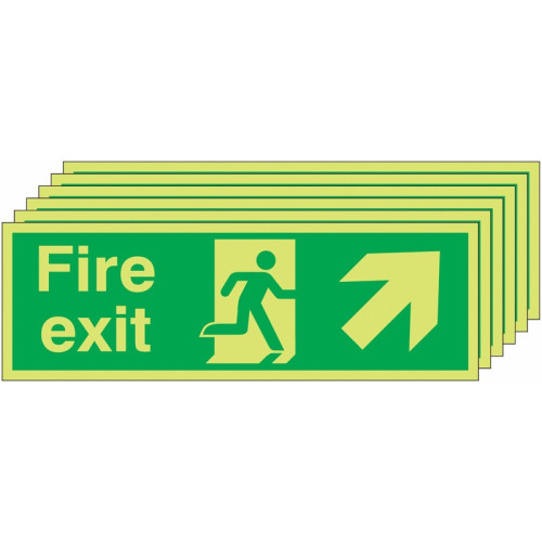 150X450 6 PACK 150X450 FIRE EXIT RUNNING MAN ARROW UP RIGHT - NITE GLO SELF ADHESIVE