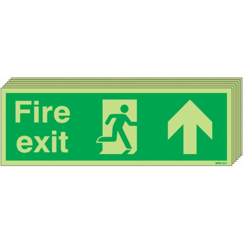 150X450 6 PACK FIRE EXIT RUNNING MAN ARROW UP - NITE GLO SELF ADHESIVE