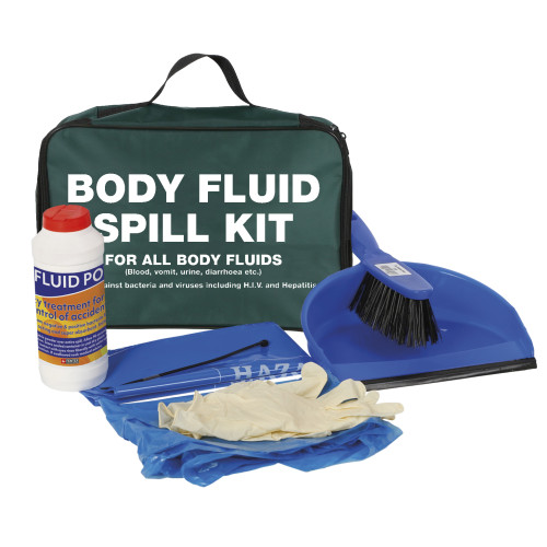 BODY FLUID SPILL KIT WITH DISINFECTANT POWDER IN GREEN ZIP BAG WITH PRINT