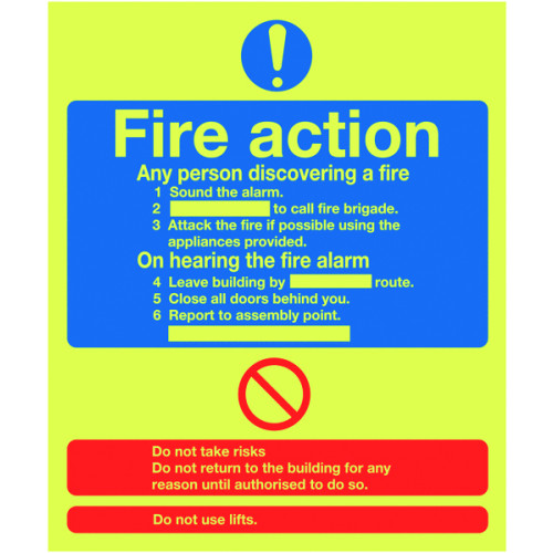 300X250MM FIRE ACTION NOTICE (STANDARD) - NITE GLO RIGID