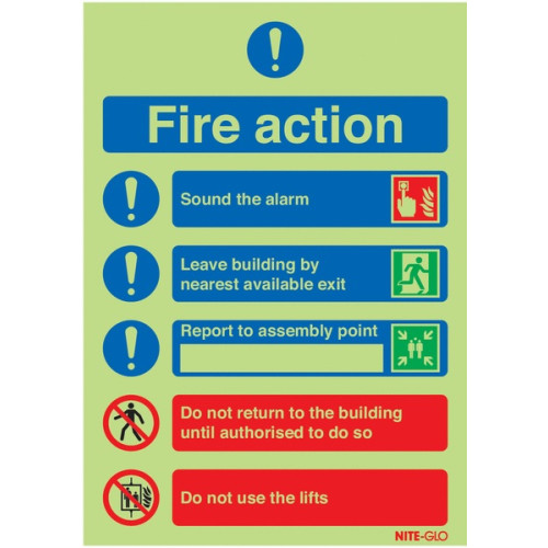 300X250MM FIRE ACTION NOTICE (SYMBOLISED) - NITE GLO RIGID