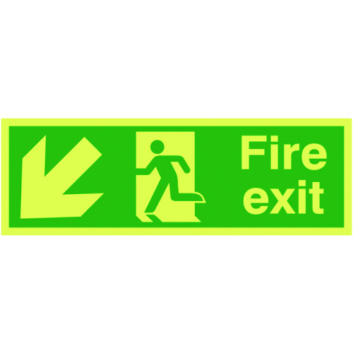 150X450MM FIRE EXIT RUNNING MAN ARROW DOWN LEFT - NITE GLO SELF ADHESIVE