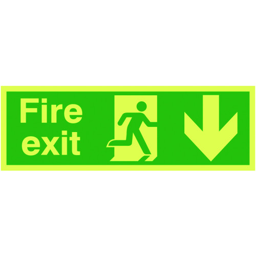 150X450MM FIRE EXIT RUNNING MAN ARROW DOWN - XTRA GLO RIGID