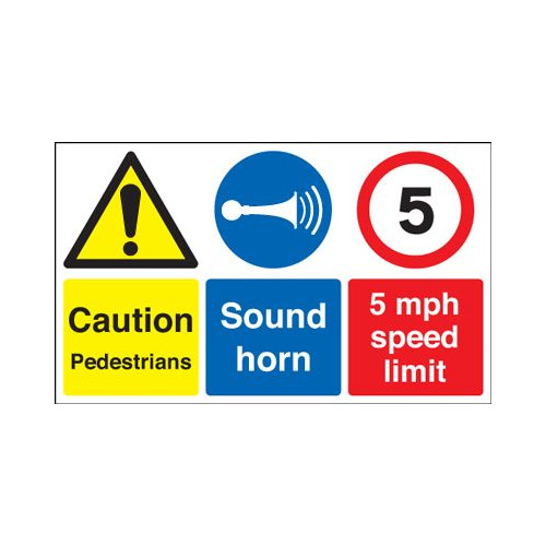 CAUTION PEDESTRIANS SOUND HORN 5MPH SPEED LIMIT