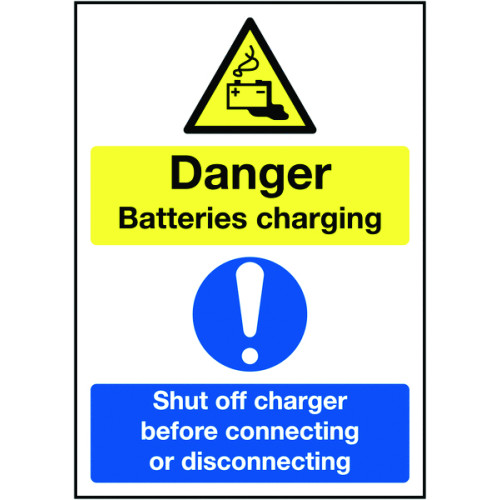 DANGER BATTERIES CHARGING SHUT OFF CHARGER BEFORE CONNECTING OR DISCONNECTING
