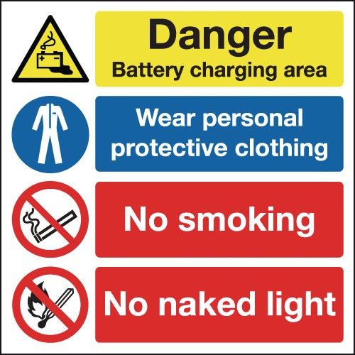 300X300MM DANGER BATTERY CHARGING AREA WEAR PERSONAL PROTECTIVE CLOTHING NO SMOKING NO NAKED LIGHT - SELF ADHESIVE