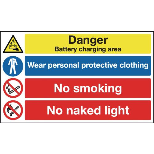 300X500MM DANGER BATTERY CHARGING AREA WEAR PERSONAL PROTECTIVE CLOTHING NO SMOKING NO NAKED LIGHT - RIGID