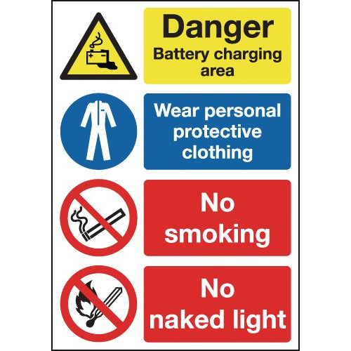 297X210MM DANGER BATTERY CHARGING AREA WEAR PERSONAL PROTECTIVE CLOTHING NO SMOKING NO NAKED LIGHT - RIGID
