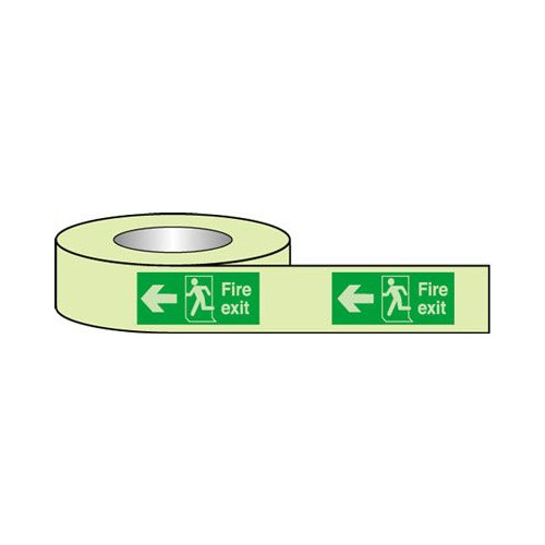 40MMX10M FIRE EXIT RUNNING MAN ARROW LEFT PHOTOLUMINESCENT TAPE