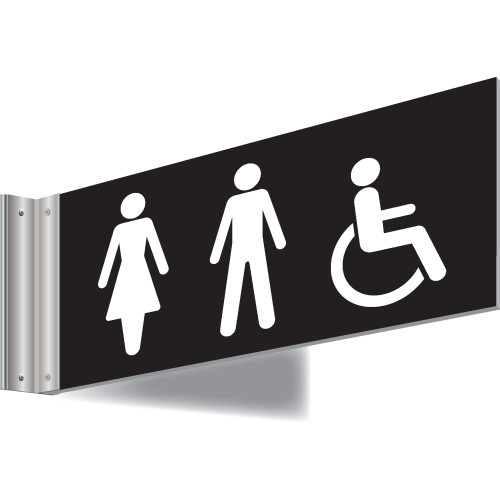 150X300MM MALE FEMALE DISABLED SYMBOL DOUBLE-SIDED WASHROOM SIGN - T BAR - WHITE TEXT ON BLACK BACKGROUND