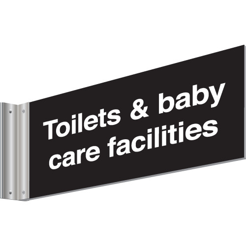 150X300MM TOILET & BABY CARE FACILITIES DOUBLE-SIDED WASHROOM SIGN - T BAR - WHITE TEXT ON BLACK BACKGROUND