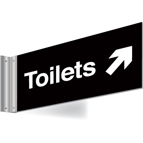 150X300MM TOILETS RIGHT UP ARROW DOUBLE-SIDED WASHROOM SIGN - T BAR - WHITE TEXT ON BLACK BACKGROUND