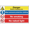 300X500MM DANGER BATTERY CHARGING AREA WEAR PERSONAL PROTECTIVE CLOTHING NO SMOKING NO NAKED LIGHT - RIGID