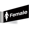150X300MM FEMALE DOUBLE-SIDED WASHROOM SIGN - T BAR - WHITE TEXT ON BLACK BACKGROUND