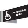 150X300MM ACCESSIBLE TOILET DOUBLE-SIDED WASHROOM SIGN - T BAR - WHITE TEXT ON BLACK BACKGROUND
