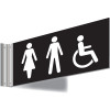 150X300MM MALE FEMALE DISABLED SYMBOL DOUBLE-SIDED WASHROOM SIGN - T BAR - WHITE TEXT ON BLACK BACKGROUND