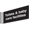 150X300MM TOILET & BABY CARE FACILITIES DOUBLE-SIDED WASHROOM SIGN - T BAR - WHITE TEXT ON BLACK BACKGROUND