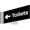 150X300MM TOILETS LEFT ARROW DOUBLE-SIDED WASHROOM SIGN - T BAR - WHITE TEXT ON BLACK BACKGROUND