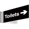 150X300MM TOILETS RIGHT ARROW DOUBLE-SIDED WASHROOM SIGN - T BAR - WHITE TEXT ON BLACK BACKGROUND