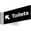 150X300MM TOILETS LEFT UP ARROW DOUBLE-SIDED WASHROOM SIGN - T BAR - WHITE TEXT ON BLACK BACKGROUND