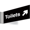 150X300MM TOILETS RIGHT UP ARROW DOUBLE-SIDED WASHROOM SIGN - T BAR - WHITE TEXT ON BLACK BACKGROUND